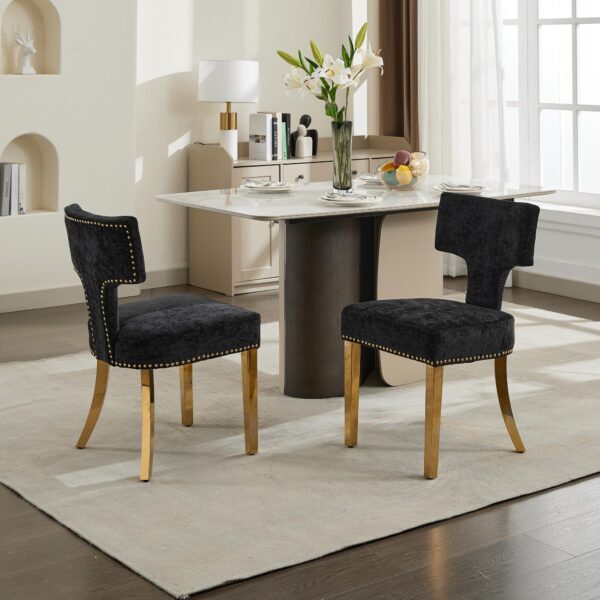 Mid Century Modern Dining Chairs Set of 2, Farmhouse Chenille Fabric Upholstered Accent Chair Curved Backrest with Copper Nails around,Kitchen Chairs with Golden Stainless Steel Plating Legs, Black
