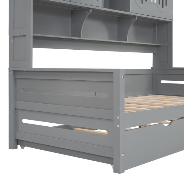 Twin Size Wooden Daybed With Twin Size Trundle, and All-in-One Cabinet and Shelf, Gray