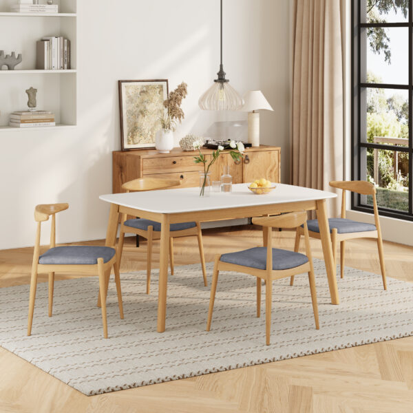 5-Piece Mid-Century Modern Dining Set - Solid Wood Frame Table + 4 Beige Upholstered Chairs(White Oak+Gray)