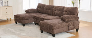U-shaped Sectional Sofa 103.5" Chenille Fabric Couch with Dual Chaise Lounges, Storage Pockets and Armrest Pillows for Living Room, Brown