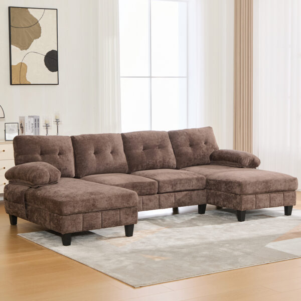 U-shaped Sectional Sofa 103.5" Chenille Fabric Couch with Dual Chaise Lounges, Storage Pockets and Armrest Pillows for Living Room, Brown