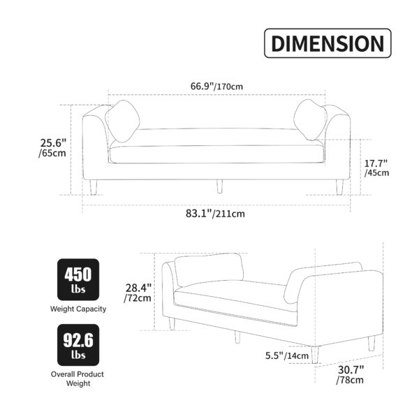 83.1"Wide Modern Upholstered End of Bed Bench with Armrests, Chenille Chaise Lounge Couch with 2 Bolster Pillows, Daybed with Rubberwood Legs For Living Room,Bedroom,Apartment,Guestroom, Wheat