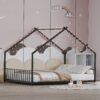 Full size children's bed frame with LED light strips, roof-shaped iron frame bed, Black,78.5" L x 55.9" W x 58.4" H.