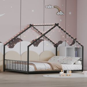 Full size children's bed frame with LED light strips, roof-shaped iron frame bed, Black,78.5" L x 55.9" W x 58.4" H.