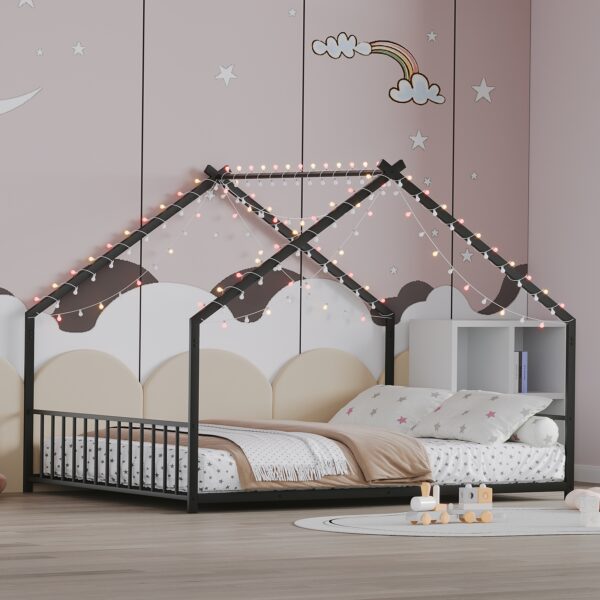 Full size children's bed frame with LED light strips, roof-shaped iron frame bed, Black,78.5" L x 55.9" W x 58.4" H.