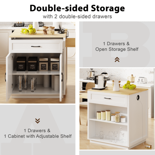 K&K 82.7 inch Kitchen Island with Extendable Dining Table for 4-6 Person,Two-tone Kitchen Table with Double-sized Storage, Power Outlet, Kitchen island with Storage 2 Drawers 2 Side Open Shelves,White