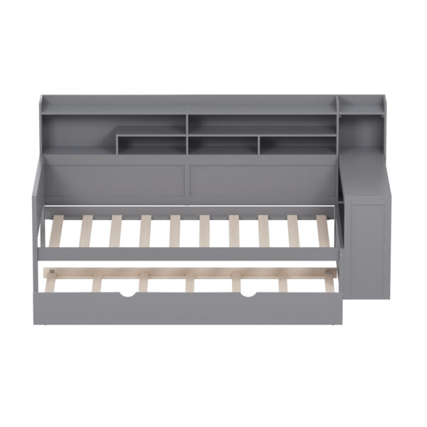 Wooden Twin Size Daybed with Storage Shelves, Multi-functional Bed with Twin Size Trundle Bed and  Study Desk, Gray