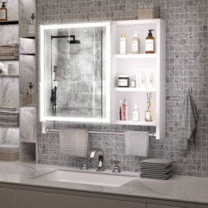 Modern 32 x 28 inches Aluminium Bathroom Cabinets, Medicine Cabinets with Mirrors and LED Lights, Bathroom Lockers with Multilevel Storage Compartments and Towel Rails