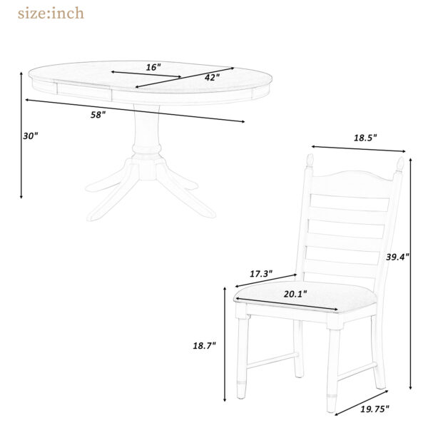 TREXM 5-Piece Retro Functional Dining Table Set Wood Round Extendable Dining Table and 4 Upholstered Dining Chairs (Off White)