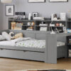 Wooden Twin Size Daybed with Storage Shelves, Multi-functional Bed with Twin Size Trundle Bed and  Study Desk, Gray