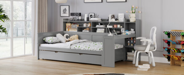 Wooden Twin Size Daybed with Storage Shelves, Multi-functional Bed with Twin Size Trundle Bed and  Study Desk, Gray