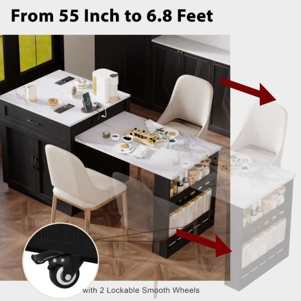 K&K 82.7 inch Kitchen Island with Extendable Dining Table for 4-6 Person,Faux Mable Kitchen Table with Double-sized Storage,Power Outlet,Kitchen island with Storage 2 Drawers 2 Side Open Shelves,Black
