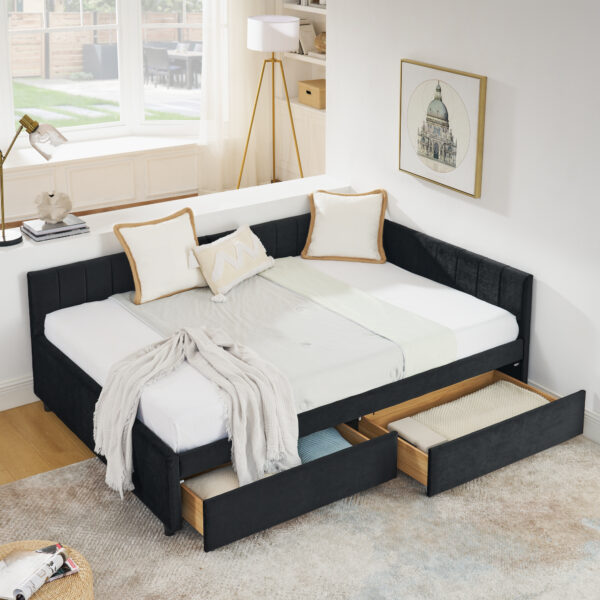 3d09f2c537784061ad7796ed9069a29c_5f29d77532bee1244c58566481b804ab Full Size Upholstered Tufted Bed Frame with Two Drawers, Sofa Bed Frame with Comfortable Backrest and Armrests, Velvet, Black(79.5''x58''x25'')