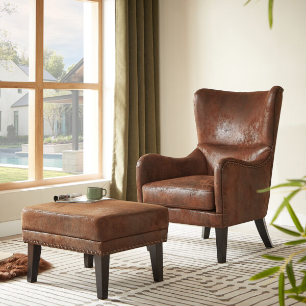 Mirod Hi-back Vintage Distressed Lounge Chair with Ottoman,Classic Tufted Design & Nailhead Trim for Living Room, Study, Bedroom