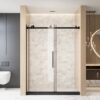 Frameless Single sliding shower door  60 "W x 76" H, 1/4 "(6 mm) Clear Tempered Glass, Explosion Proof Film, Stainless Steel Handle Square Tube Track ,Matte Black