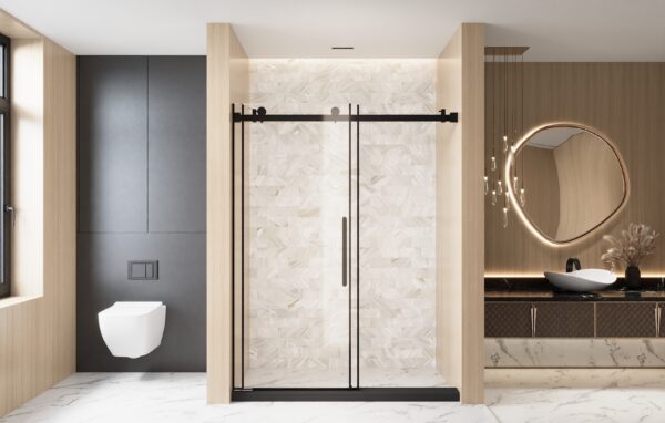 3e11aeebb13740899a1f0a9f847b58d3_65edc382d2770edc5e2379d38acd1518 Frameless Single sliding shower door 60 "W x 76" H, 1/4 "(6 mm) Clear Tempered Glass, Explosion Proof Film, Stainless Steel Handle Square Tube Track ,Matte Black