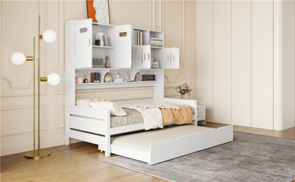 Twin Size Wooden Daybed With Twin Size Trundle, and All-in-One Cabinet and Shelf, White