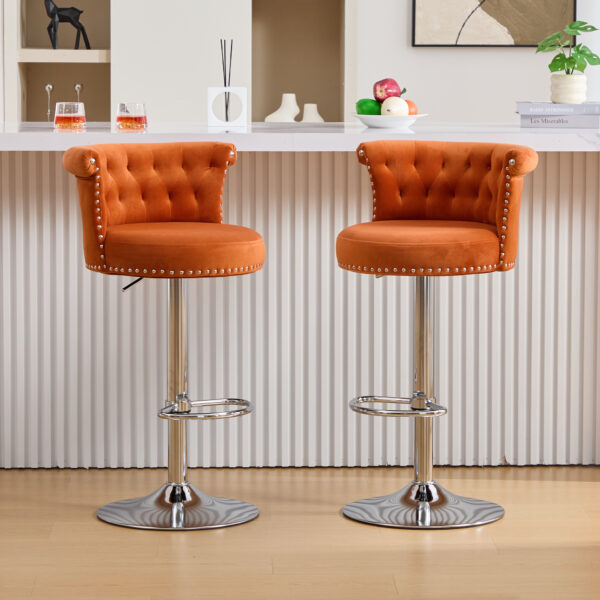 COOLMORE Velvet Bar Stool Set of 2, Adjustable Swivel Bar Stools with Silver Plated Metal Leg, Chrome Nailhead, Counter Height Chair for Kitchen,Dining Room
