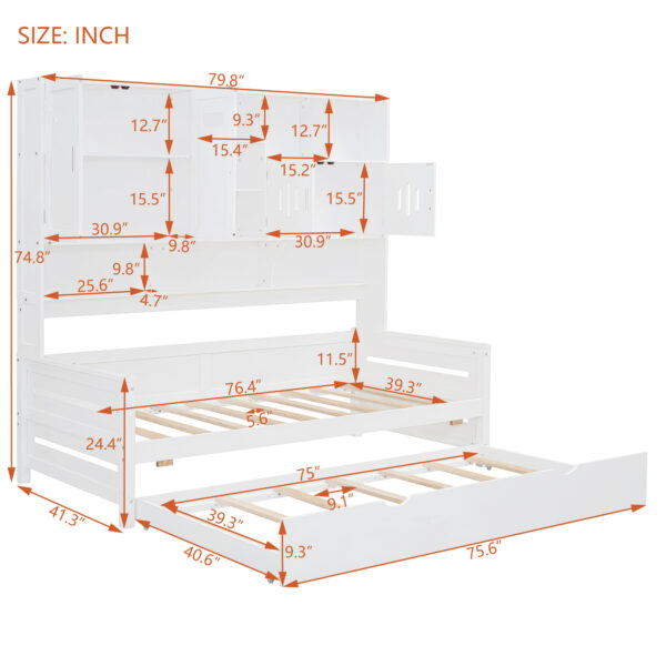 Twin Size Wooden Daybed With Twin Size Trundle, and All-in-One Cabinet and Shelf, White