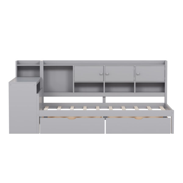 Twin Size Daybed with Storage 3 Cabinets and 2 Drawers, Wooden L-Shape Daybed Frame with Study Desk and Built-in Bookshelf, Multi-functional Bed for Bedroom Guest Room,Gray