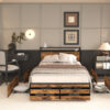Queen Size Bed Frame with 8 Storage Drawers, LED Headboard with Charging Station, Metal Platform Bed Frame, No Box Spring Needed, Noise-Free, Stable and Solid, Brown