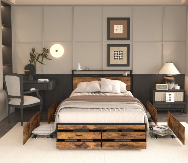 3fbe260715e34bc68576626727f3de26_14990fe8c3330e39a27077f5ce237b19 Queen Size Bed Frame with 8 Storage Drawers, LED Headboard with Charging Station, Metal Platform Bed Frame, No Box Spring Needed, Noise-Free, Stable and Solid, Brown