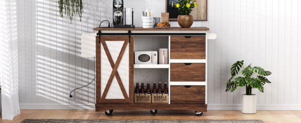 K&K 55.5" Farmhouse Kitchen Island with Drop Leaf, Kitchen Storage Island with Barn Door, Power Outlet, Rolling Kitchen Cart on Wheels with Spice Rack, for Home, Kitchen, Dining Room, White