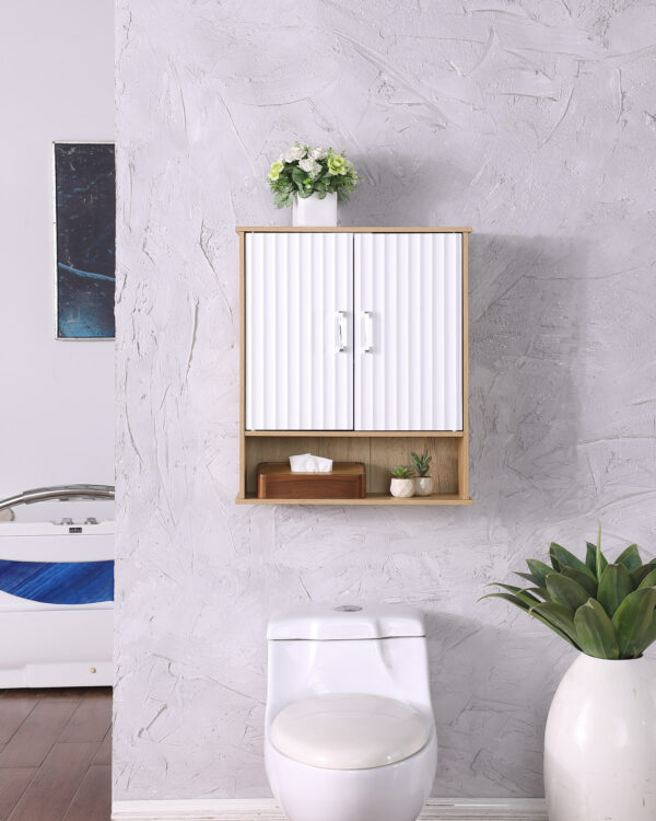 3fde8d6ad5644293b363b56f917ec1e3_ffaa66b9fc837031ddb68fc98ea748f2 Bathroom Wall Cabinet with Double - Door, Bottom Shelf, Wavy - Patterned Doors, Adjustable Inner Shelf, Easy Installation, White & Natural Wood