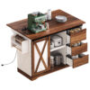 K&K 55.5" Farmhouse Kitchen Island with Drop Leaf, Kitchen Storage Island with Barn Door, Power Outlet, Rolling Kitchen Cart on Wheels with Spice Rack, for Home, Kitchen, Dining Room, White