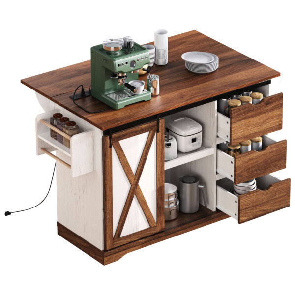 K&K 55.5" Farmhouse Kitchen Island with Drop Leaf, Kitchen Storage Island with Barn Door, Power Outlet, Rolling Kitchen Cart on Wheels with Spice Rack, for Home, Kitchen, Dining Room, White