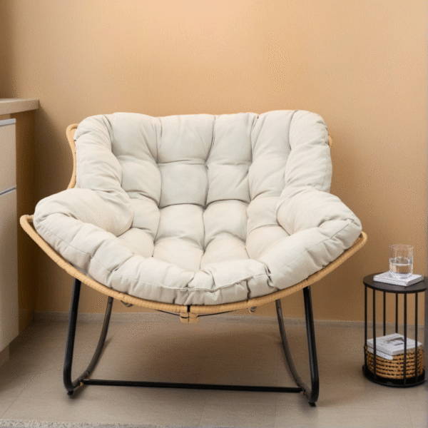 Outdoor Rocking Chair, Patio Egg Rocking Chair, Indoor Papasan Chair, Rattan Wicker Lounge Chair, Modern Royal Chair for Bedroom, Living Room, Porch, Garden,Lawn-Beige