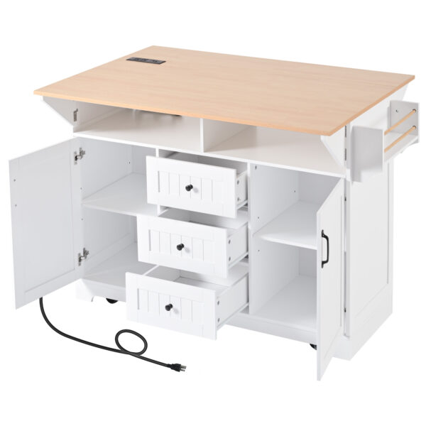 K&K 55.7'' Large Kitchen Island with 2 Drop Leaf,, Rolling Kitchen Cart on 5 Wheels with Power Outlet, Folding Storage Dining Table with Spice & Towel Rack , 3 Drawers, for Kitchen, Dining Room,White