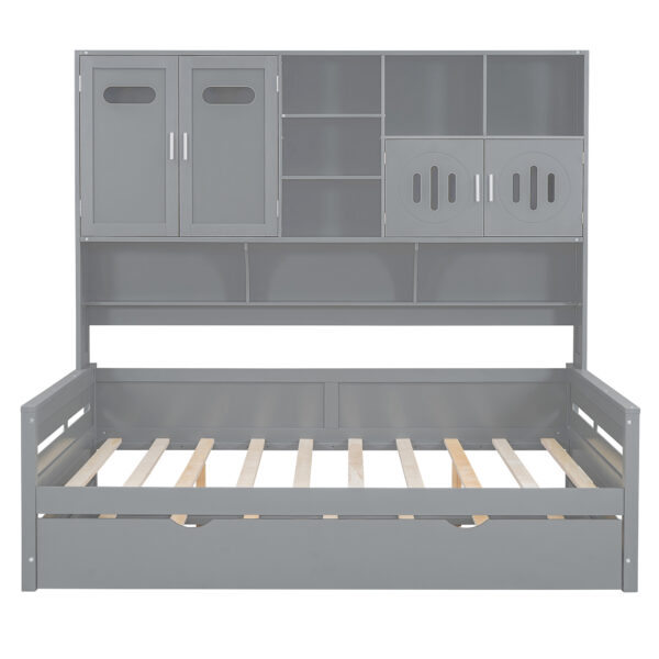 Full Size Wooden Daybed With Twin Size Trundle, and All-in-One Cabinet and Shelf, Gray