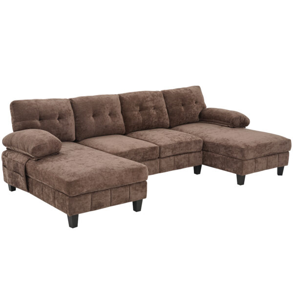 U-shaped Sectional Sofa 103.5" Chenille Fabric Couch with Dual Chaise Lounges, Storage Pockets and Armrest Pillows for Living Room, Brown