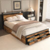 Queen Size Bed Frame with 8 Storage Drawers, LED Headboard with Charging Station, Metal Platform Bed Frame, No Box Spring Needed, Noise-Free, Stable and Solid, Brown