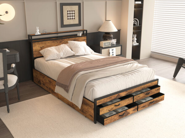 42483332fc084e0f9ce43ae7c1d402b2_17f826482be8746bd99d056f87340d81 Queen Size Bed Frame with 8 Storage Drawers, LED Headboard with Charging Station, Metal Platform Bed Frame, No Box Spring Needed, Noise-Free, Stable and Solid, Brown