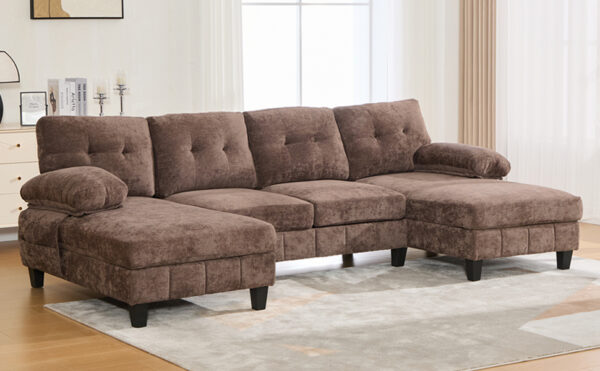 U-shaped Sectional Sofa 103.5" Chenille Fabric Couch with Dual Chaise Lounges, Storage Pockets and Armrest Pillows for Living Room, Brown
