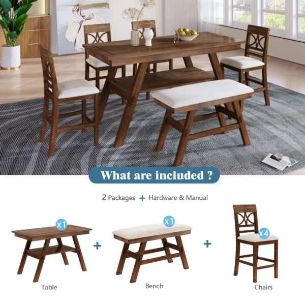 TOPMAX 6-Piece Wood Counter Height Dining Table Set with Storage Shelf, Kitchen Table Set with Bench and 4 Chairs,Rustic Style, Walnut+Beige Cushion (old sku: SH000257AAD)