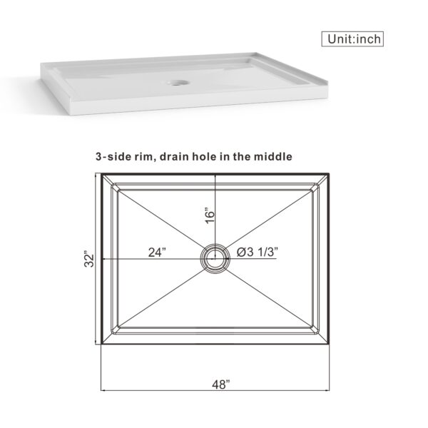 Goodyo 32"x48" Shower Base 3.5" Height Anti-slip Acrylic Center Drain Single Threshold Shower Base in White