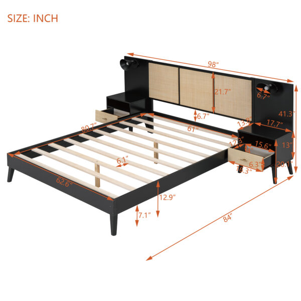 Queen Size Solid Wood Bed Frame with 2 Nightstands, Elegant Design with Lamps, Rattan and Wood Combination,Black