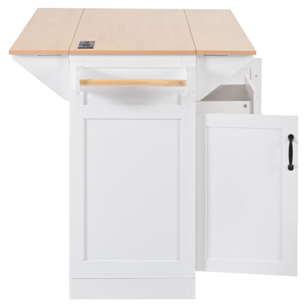 K&K 55.7'' Large Kitchen Island with 2 Drop Leaf,, Rolling Kitchen Cart on 5 Wheels with Power Outlet, Folding Storage Dining Table with Spice & Towel Rack , 3 Drawers, for Kitchen, Dining Room,White
