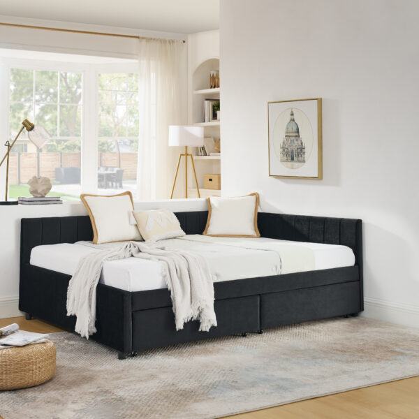 442b7176a8b24cf09b0b1e8f8aeb9470_cf3f9f247d27ac797581927c72fc3128 Full Size Upholstered Tufted Bed Frame with Two Drawers, Sofa Bed Frame with Comfortable Backrest and Armrests, Velvet, Black(79.5''x58''x25'')