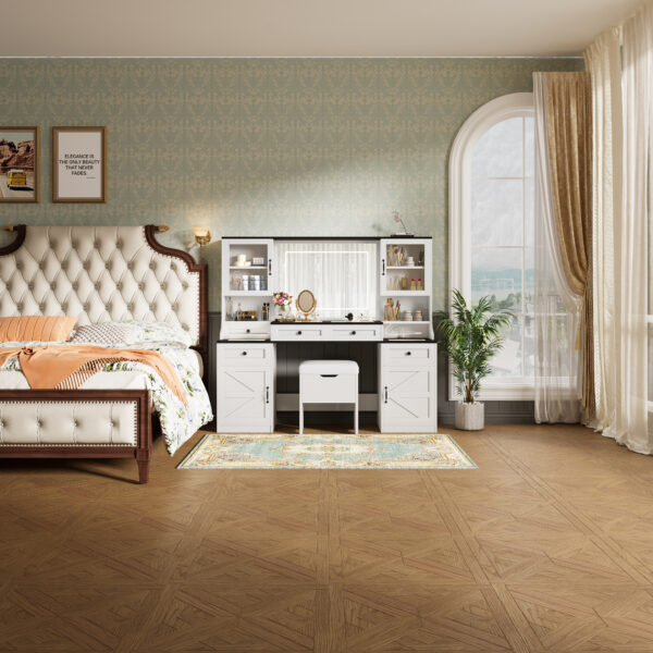 449cd2c5a28a43c688ddf4d847c30aab_f3eb8dc5f24d8718b8724f191a4f1896 61.5" Farmhouse Vanity Desk with Mirror and LED Lights, Dressing Table with 5 Drawers and 4 Cabinets, Makeup Vanity Table Set with Glass Visual Desktop and Cushion Stool, for Bedroom