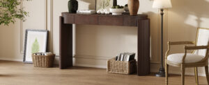 TREXM Entryway Table with Natural Wood Grain Finish, Console Table with Fluted Design, Oval Top and 2 Drawers for Entryway and Living Room (Espresso)
