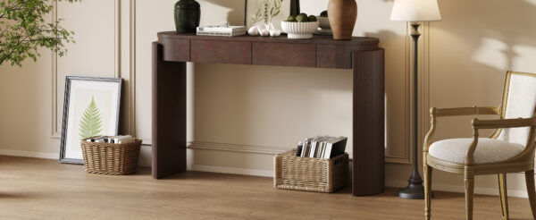 TREXM Entryway Table with Natural Wood Grain Finish, Console Table with Fluted Design, Oval Top and 2 Drawers for Entryway and Living Room (Espresso)