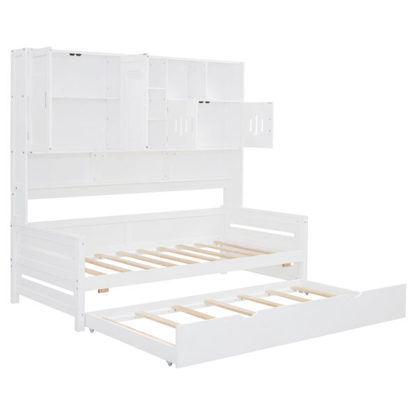 Twin Size Wooden Daybed With Twin Size Trundle, and All-in-One Cabinet and Shelf, White