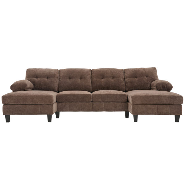 U-shaped Sectional Sofa 103.5" Chenille Fabric Couch with Dual Chaise Lounges, Storage Pockets and Armrest Pillows for Living Room, Brown