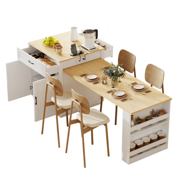 K&K 82.7 inch Kitchen Island with Extendable Dining Table for 4-6 Person,Two-tone Kitchen Table with Double-sized Storage, Power Outlet, Kitchen island with Storage 2 Drawers 2 Side Open Shelves,White