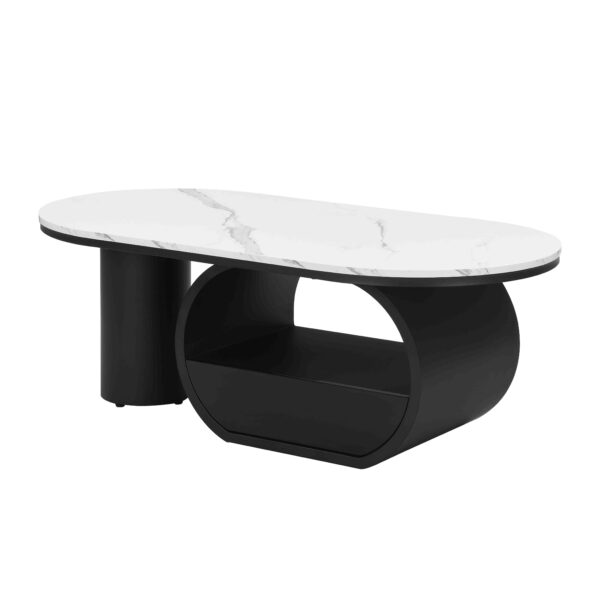 Luxury Modern Oval Coffee Table, 47.24'' Coffee Table with Storage Drawer, Faux Marble Top, Black Metal Center Table for Living Room