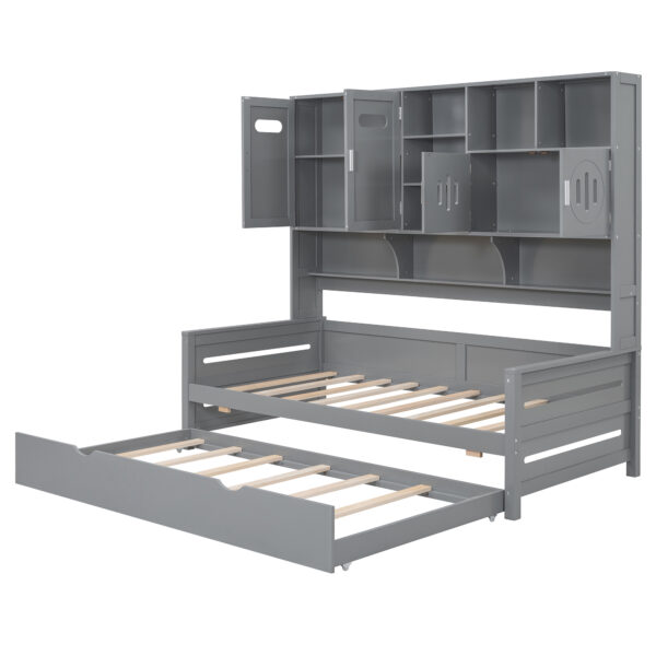 Twin Size Wooden Daybed With Twin Size Trundle, and All-in-One Cabinet and Shelf, Gray